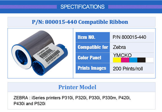 제브라 P330i P430i 프린터 리본 800015-440 YMCKO 색상 200 명함 인쇄